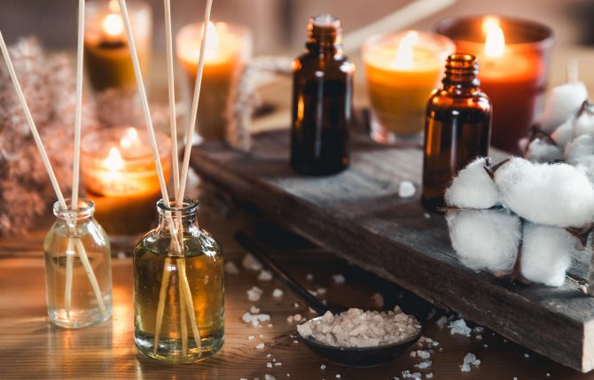 Massage oil and zen stones. Shallow DOF